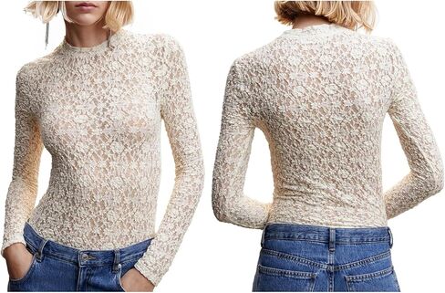 Sheer Mesh Long Sleeve Layering Tops for Women Crew Neck Floral Lace Blouse Sexy See Through Going Out Shirts in Kuwait