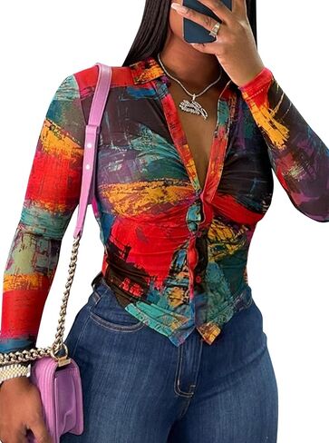 LovelyWholesale Women Sexy Button Down Shirts Long Sleeve Collared Tie Dye Tops in Kuwait