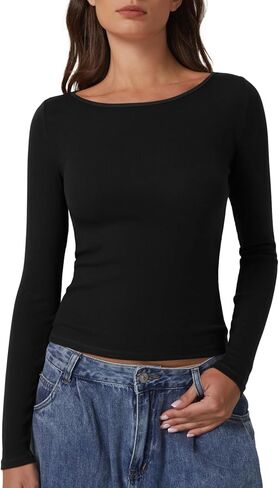 QINSEN Women's Long Sleeve T Shirts Crewneck Tight Fitted Rib Knit Y2k Casual Tee Tops in Saudi Arabia