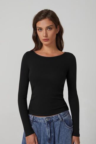 QINSEN Women's Long Sleeve T Shirts Crewneck Tight Fitted Rib Knit Y2k Casual Tee Tops in Saudi Arabia