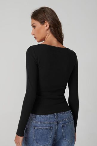 QINSEN Women's Long Sleeve T Shirts Crewneck Tight Fitted Rib Knit Y2k Casual Tee Tops in Saudi Arabia