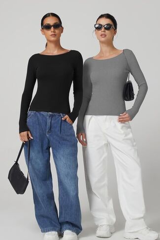 QINSEN Women's Long Sleeve T Shirts Crewneck Tight Fitted Rib Knit Y2k Casual Tee Tops in Saudi Arabia