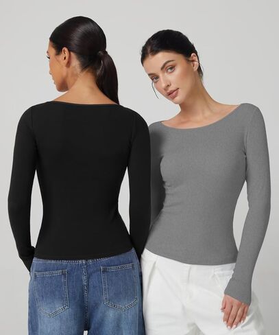 QINSEN Women's Long Sleeve T Shirts Crewneck Tight Fitted Rib Knit Y2k Casual Tee Tops in Saudi Arabia