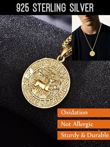 Zodiac Necklace for Men - 925 Sterling Silver/14K Gold/Black Horoscope Constellation Pendant Medal, Birthday Gifts Jewelry for Him (12 Zodiac Signs) in Kuwait