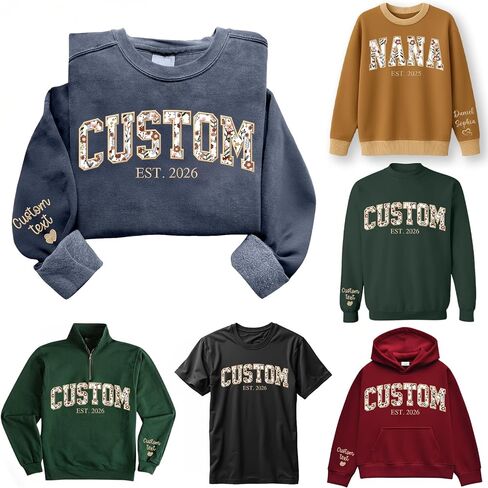Personalized Floral Applique Embroidered Crewneck Sweatshirt, Custom Mama Mom Grandma Auntie Besties Sweatshirts, Add Customize Name or Text on Sleeve, Christmas Shirt for Women Men Multicolor in Saudi Arabia