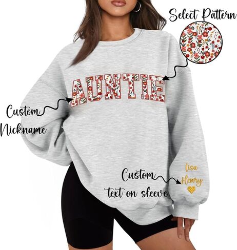 Personalized Floral Applique Embroidered Crewneck Sweatshirt, Custom Mama Mom Grandma Auntie Besties Sweatshirts, Add Customize Name or Text on Sleeve, Christmas Shirt for Women Men Multicolor in Saudi Arabia