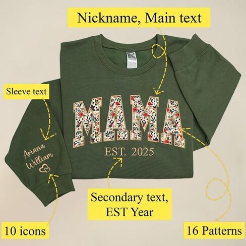 Personalized Floral Applique Embroidered Crewneck Sweatshirt, Custom Mama Mom Grandma Auntie Besties Sweatshirts, Add Customize Name or Text on Sleeve, Christmas Shirt for Women Men Multicolor in Saudi Arabia