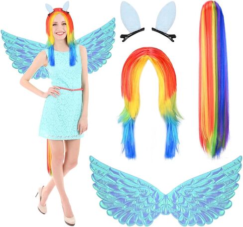 4 Pcs Halloween Rainbow Pony Costume with Rainbow Wig Tail Hourse Ears Clips Blue Wings for Women Halloween Anime Cosplay Party Dress up in Saudi Arabia