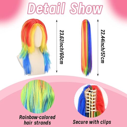 4 Pcs Halloween Rainbow Pony Costume with Rainbow Wig Tail Hourse Ears Clips Blue Wings for Women Halloween Anime Cosplay Party Dress up in Saudi Arabia