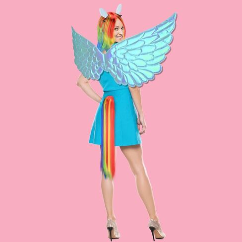 4 Pcs Halloween Rainbow Pony Costume with Rainbow Wig Tail Hourse Ears Clips Blue Wings for Women Halloween Anime Cosplay Party Dress up in Saudi Arabia