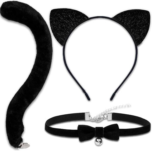 Cat Ears Headband and Tail Bell Collar Set Cat Costumes for Women Black Cat Ears and Tail Set Halloween Party Cosplay Costume Accessories for Women in Saudi Arabia
