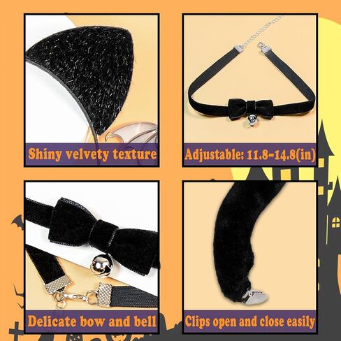 Cat Ears Headband and Tail Bell Collar Set Cat Costumes for Women Black Cat Ears and Tail Set Halloween Party Cosplay Costume Accessories for Women in Saudi Arabia