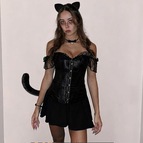 Cat Ears Headband and Tail Bell Collar Set Cat Costumes for Women Black Cat Ears and Tail Set Halloween Party Cosplay Costume Accessories for Women in Saudi Arabia
