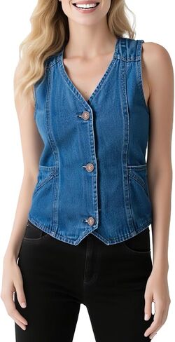 Women's Denim Sleeveless Casual Vest for women, Jean Vest Top, Light Wash, V Neck, Button Front with Dual Pockets in Kuwait