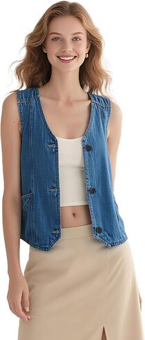 Women's Denim Sleeveless Casual Vest for women, Jean Vest Top, Light Wash, V Neck, Button Front with Dual Pockets in Kuwait