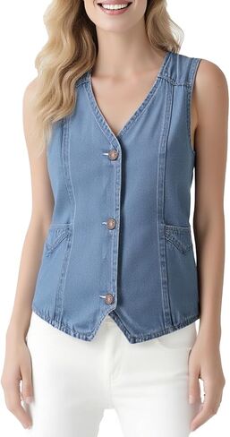 Women's Denim Sleeveless Casual Vest for women, Jean Vest Top, Light Wash, V Neck, Button Front with Dual Pockets in Kuwait