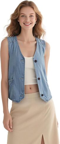 Women's Denim Sleeveless Casual Vest for women, Jean Vest Top, Light Wash, V Neck, Button Front with Dual Pockets in Kuwait