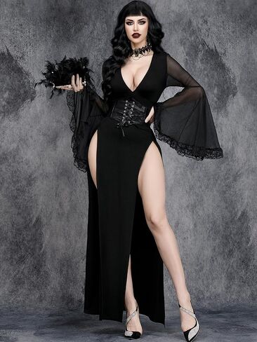 فستان قوطي نسائي من GothDark أسود بياقة على شكل V وأكمام جرس شبكية وأكمام دانتيل وفتحة عالية ومثير للهالوين الساحر فساتين طويلة in Kuwait