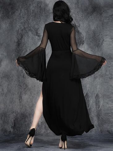 فستان قوطي نسائي من GothDark أسود بياقة على شكل V وأكمام جرس شبكية وأكمام دانتيل وفتحة عالية ومثير للهالوين الساحر فساتين طويلة in Kuwait