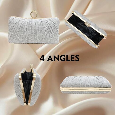 Womens Golden Glitter Clutch Purse Pleated Evening Bag for Bridal Wedding Party with Rhinestone Ring in Saudi Arabia