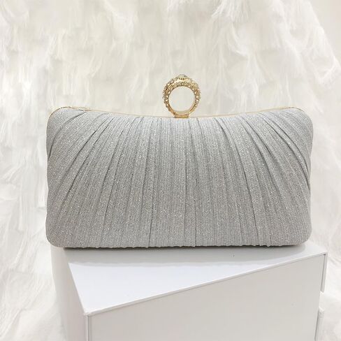 Womens Golden Glitter Clutch Purse Pleated Evening Bag for Bridal Wedding Party with Rhinestone Ring in Saudi Arabia