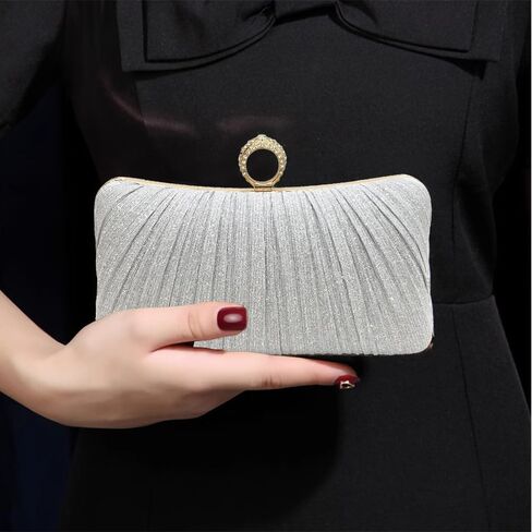 Womens Golden Glitter Clutch Purse Pleated Evening Bag for Bridal Wedding Party with Rhinestone Ring in Saudi Arabia