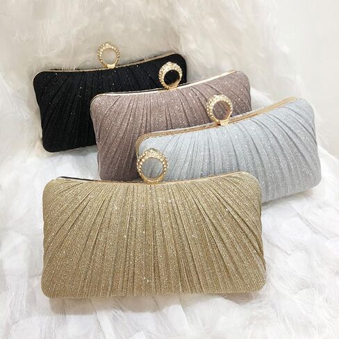 Womens Golden Glitter Clutch Purse Pleated Evening Bag for Bridal Wedding Party with Rhinestone Ring in Saudi Arabia