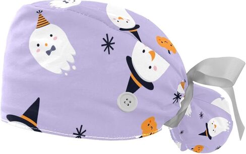 Funny Cartoon Ghosts on Black Background Working Caps with Buttons, Long Hair Scrub Hats Ponytail Holder for Women in Kuwait