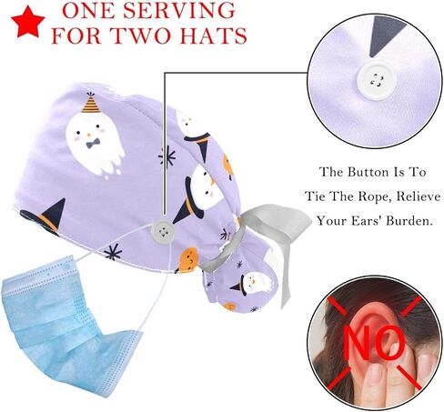 Funny Cartoon Ghosts on Black Background Working Caps with Buttons, Long Hair Scrub Hats Ponytail Holder for Women in Kuwait
