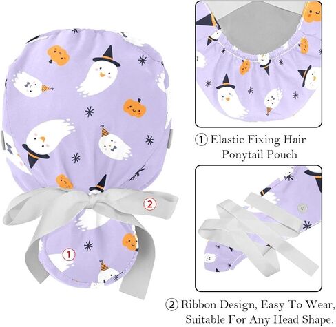 Funny Cartoon Ghosts on Black Background Working Caps with Buttons, Long Hair Scrub Hats Ponytail Holder for Women in Kuwait