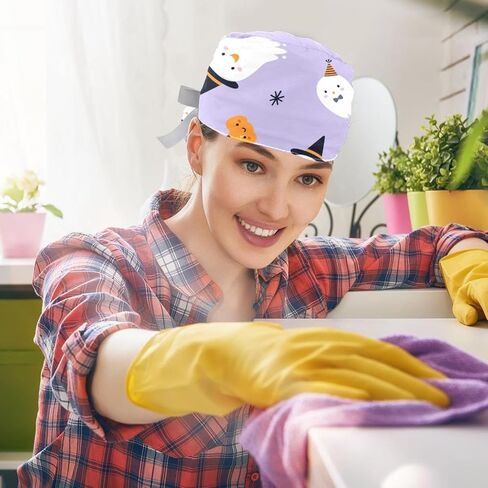Funny Cartoon Ghosts on Black Background Working Caps with Buttons, Long Hair Scrub Hats Ponytail Holder for Women in Kuwait