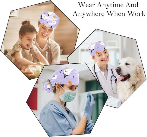 Funny Cartoon Ghosts on Black Background Working Caps with Buttons, Long Hair Scrub Hats Ponytail Holder for Women in Kuwait