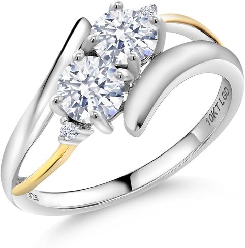 Gem Stone King 925 Silver and 10K Yellow Gold Round CZ Simulated Diamond 2 Stone Crossover Ring For Women (1.53 Cttw, Available In Size 5, 6, 7, 8, 9) in Saudi Arabia