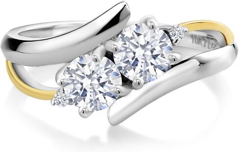 Gem Stone King 925 Silver and 10K Yellow Gold Round CZ Simulated Diamond 2 Stone Crossover Ring For Women (1.53 Cttw, Available In Size 5, 6, 7, 8, 9) in Saudi Arabia