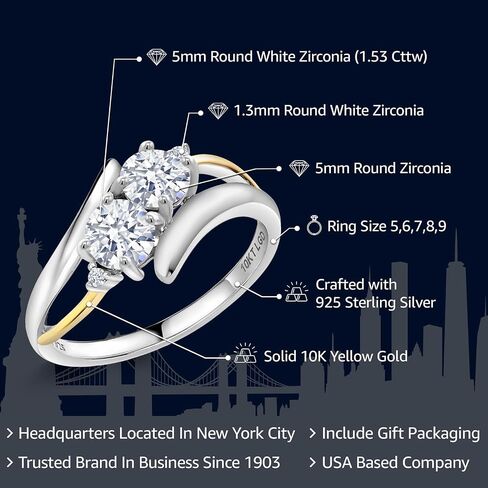 Gem Stone King 925 Silver and 10K Yellow Gold Round CZ Simulated Diamond 2 Stone Crossover Ring For Women (1.53 Cttw, Available In Size 5, 6, 7, 8, 9) in Saudi Arabia