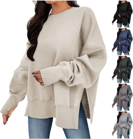 JiXiang Side Slit Sweatshirt for Women Oversized Long Sleeve Crewneck Hoodies Pullover Tops Trendy Cute Fall Clothes Shirts in Saudi Arabia