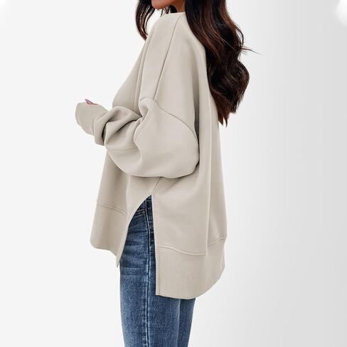JiXiang Side Slit Sweatshirt for Women Oversized Long Sleeve Crewneck Hoodies Pullover Tops Trendy Cute Fall Clothes Shirts in Saudi Arabia