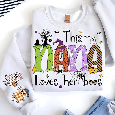 Personalized Mama Grandma Gigi Mimi Nana Halloween Shirt Kids Name on Sleeve Custom Gifts Sweatshirt for Halloween in Saudi Arabia