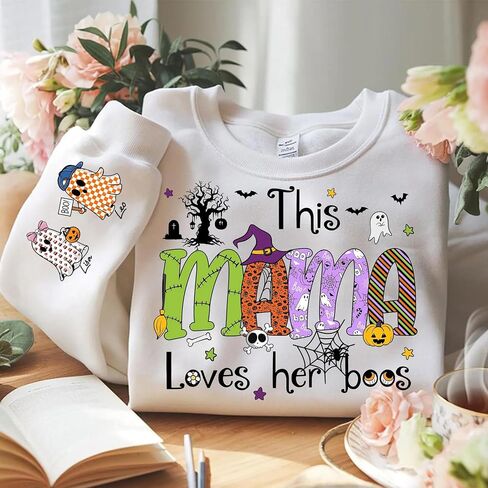 Personalized Mama Grandma Gigi Mimi Nana Halloween Shirt Kids Name on Sleeve Custom Gifts Sweatshirt for Halloween in Saudi Arabia