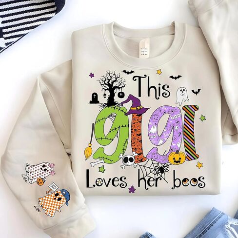 Personalized Mama Grandma Gigi Mimi Nana Halloween Shirt Kids Name on Sleeve Custom Gifts Sweatshirt for Halloween in Saudi Arabia