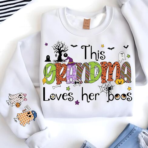 Personalized Mama Grandma Gigi Mimi Nana Halloween Shirt Kids Name on Sleeve Custom Gifts Sweatshirt for Halloween in Saudi Arabia