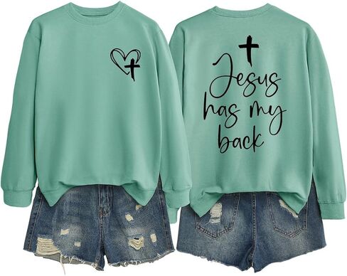 سويت شيرت نسائي مسيحي من Jesus Has My Back قميص الإيمان الديني بأكمام طويلة من الكتاب المقدس آية ملهمة in Saudi Arabia