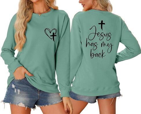 سويت شيرت نسائي مسيحي من Jesus Has My Back قميص الإيمان الديني بأكمام طويلة من الكتاب المقدس آية ملهمة in Saudi Arabia