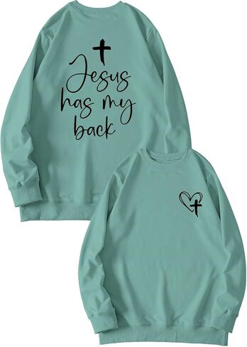 سويت شيرت نسائي مسيحي من Jesus Has My Back قميص الإيمان الديني بأكمام طويلة من الكتاب المقدس آية ملهمة in Saudi Arabia