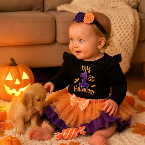 Kunyeah 3Pcs Baby Girl First Halloween Outfit Infant Romper Dress Bow Tutu Skirt with Headband Newborn Thanksgiving Bodysuit in Kuwait