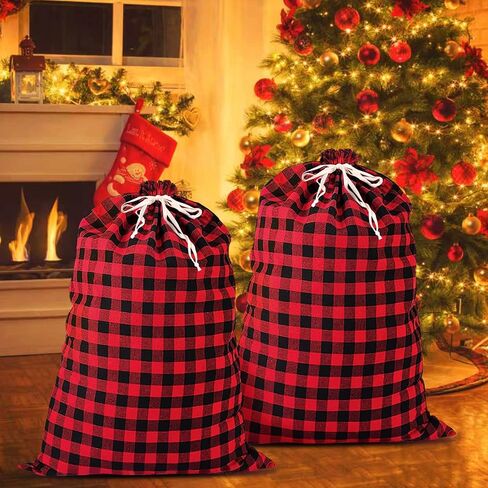 35''x55''Jumbo Christmas Drawstring Gift Bags,2PCS Cotton Santa Bag, Buffalo Plaid Christmas Gift Bags Santa Sack with Drawstring,Heavy Christmas Bags for Christmas Holiday Gift Giving and Party Decor in Kuwait