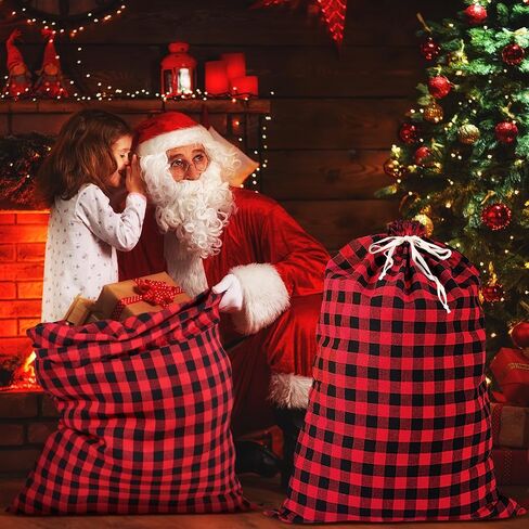 35''x55''Jumbo Christmas Drawstring Gift Bags,2PCS Cotton Santa Bag, Buffalo Plaid Christmas Gift Bags Santa Sack with Drawstring,Heavy Christmas Bags for Christmas Holiday Gift Giving and Party Decor in Kuwait