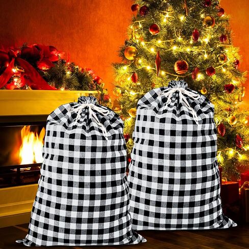 35''x55''Jumbo Christmas Drawstring Gift Bags,2PCS Cotton Santa Bag, Buffalo Plaid Christmas Gift Bags Santa Sack with Drawstring,Heavy Christmas Bags for Christmas Holiday Gift Giving and Party Decor in Kuwait