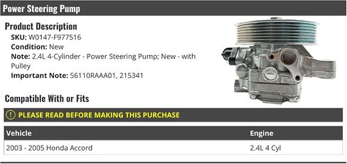Power Steering Pump with Pulley - Compatible with 2003-2005 Honda Accord 2.4L 4-Cylinder in Saudi Arabia