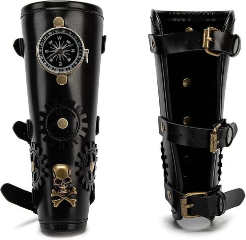 قطعة واحدة من واقي المعصم Steampunk Compass - معصم PU قابل للتعديل من عصر النهضة للحفلات التنكرية والأزياء والأزياء القوطية (أسود) (مفرد) in Saudi Arabia